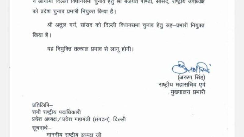 बीजेपी ने दिल्ली विधानसभा चुनाव के लिए नियुक्त किये प्रदेश चुनाव प्रभारी