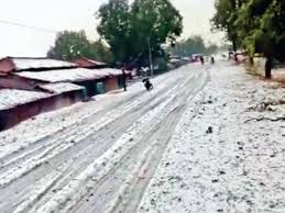 छत्तीसगढ़ में ओलावृष्टि! सरगुजा-बलरामपुर में गिरे ओले, सड़क से खेतों तक बिछी बर्फ की मोटी चादर