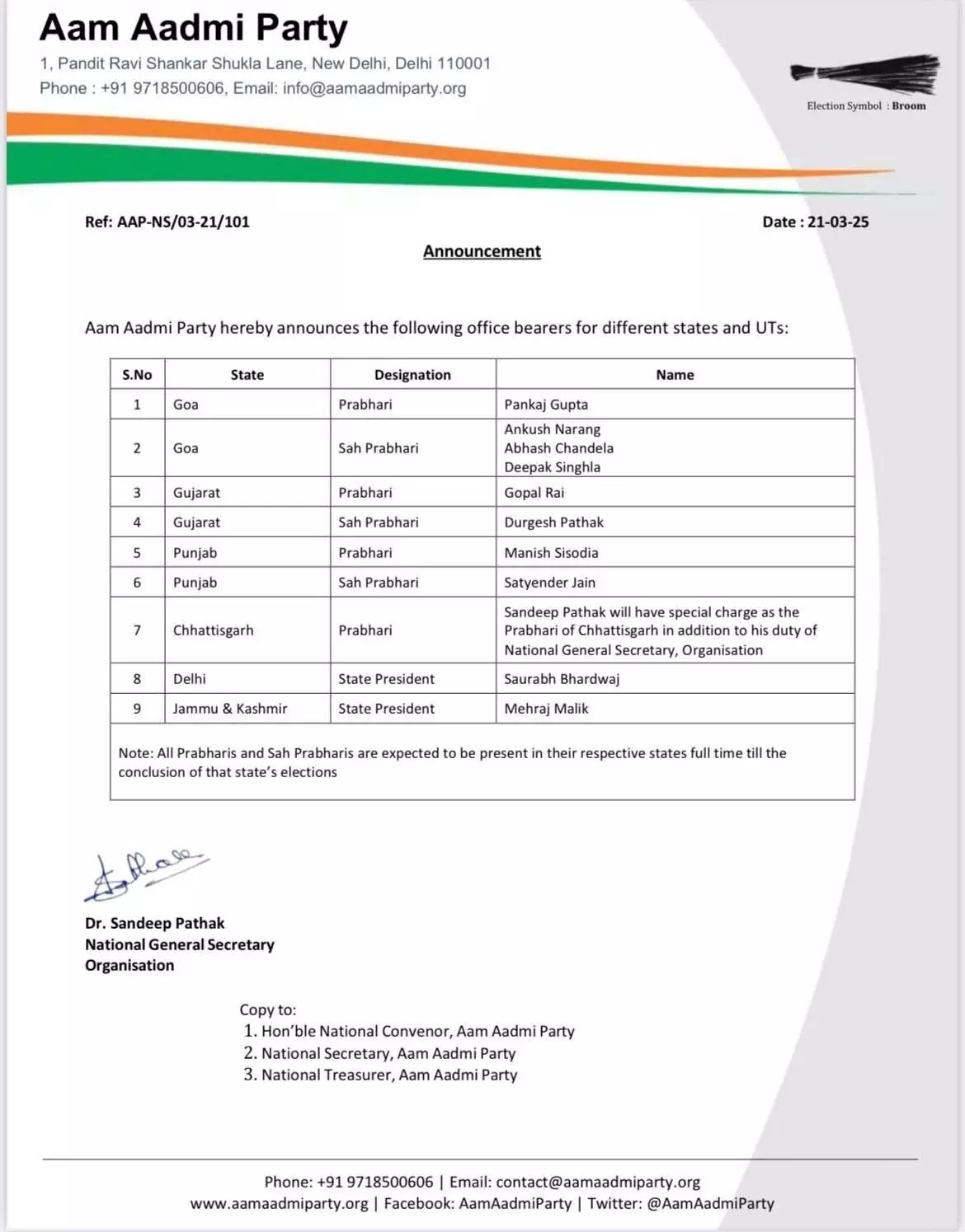 AAP ने छत्तीसगढ़ में नए प्रभारी और सह प्रभारी नियुक्त किए