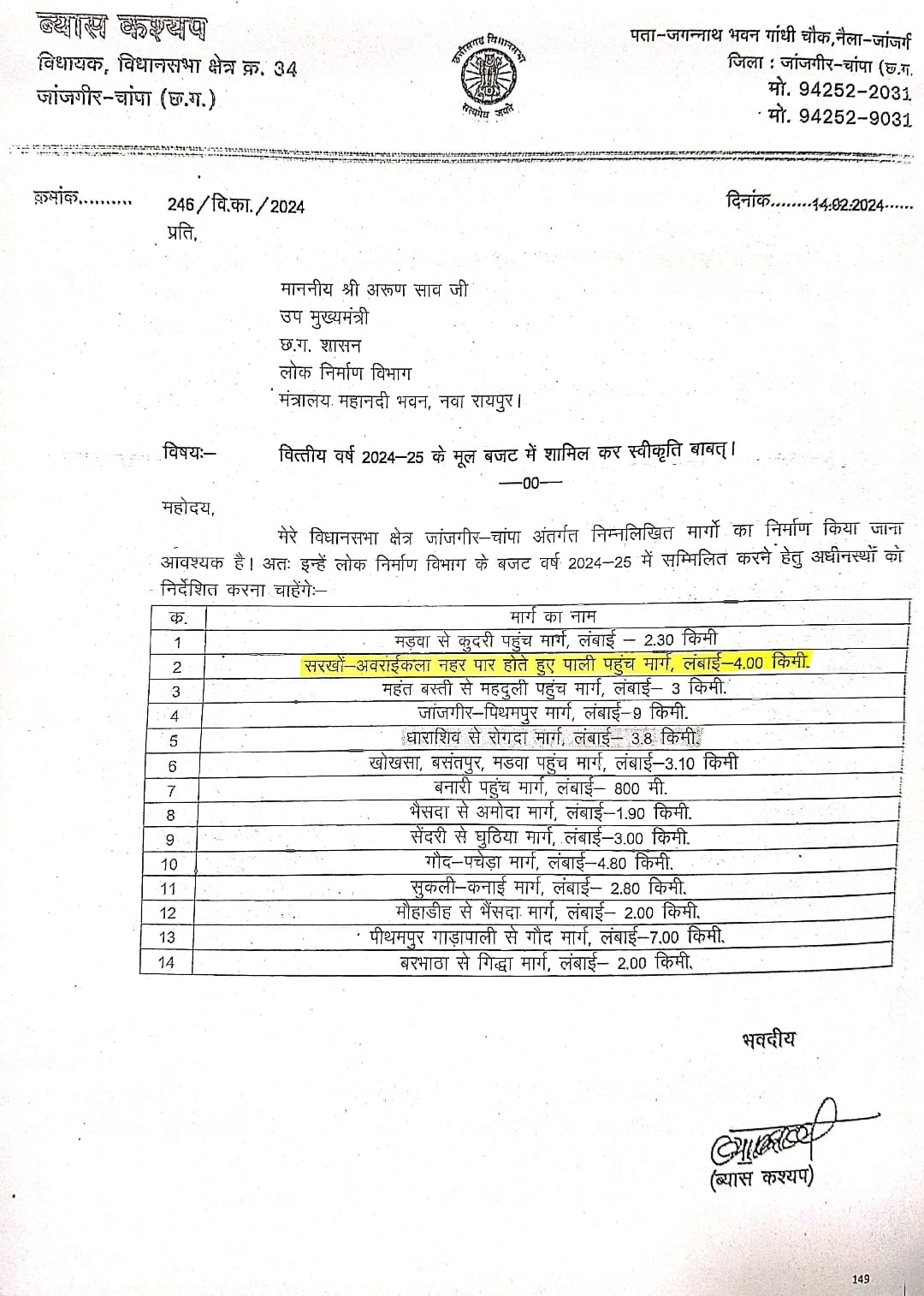 ब्यास कश्यप के प्रयास से सरखों-पाली सड़क निर्माण की मिली स्वीकृति